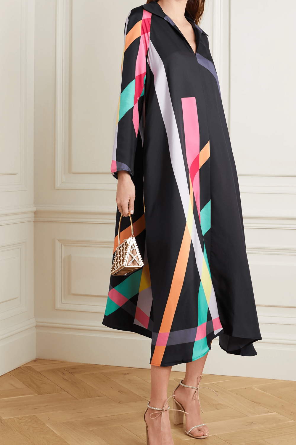 DIVINE DUSK: V-NECK CREPE SILK KURTI  KAFTAN IN GEO BLACK BEAUTY
