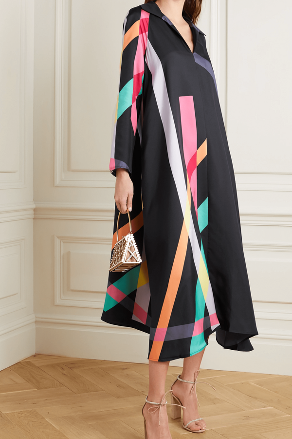 DIVINE DUSK: V-NECK CREPE SILK KURTI  KAFTAN IN GEO BLACK BEAUTY